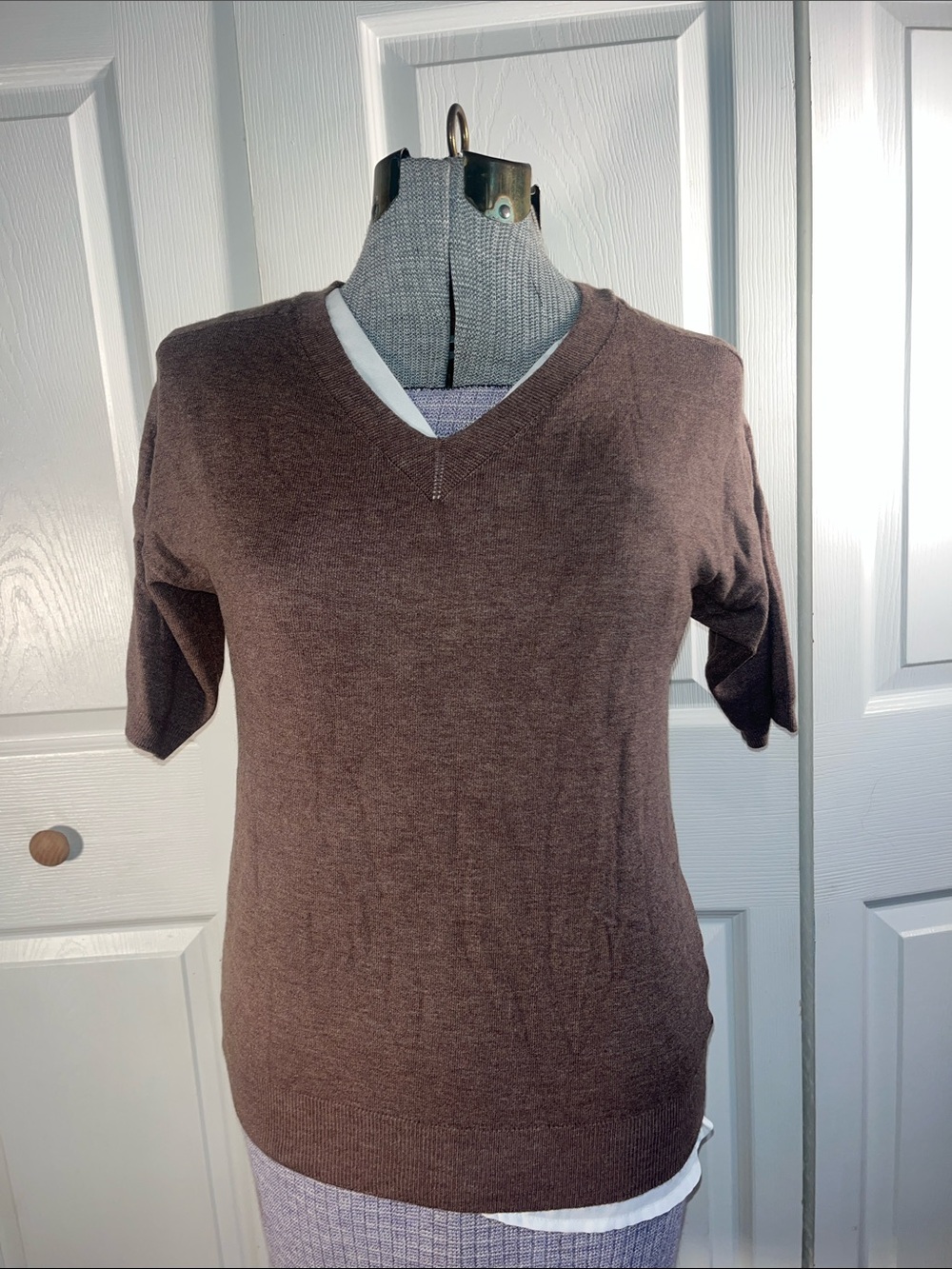 Classic V-Neck Brown Short-Sleeve Women's Light Sweater
